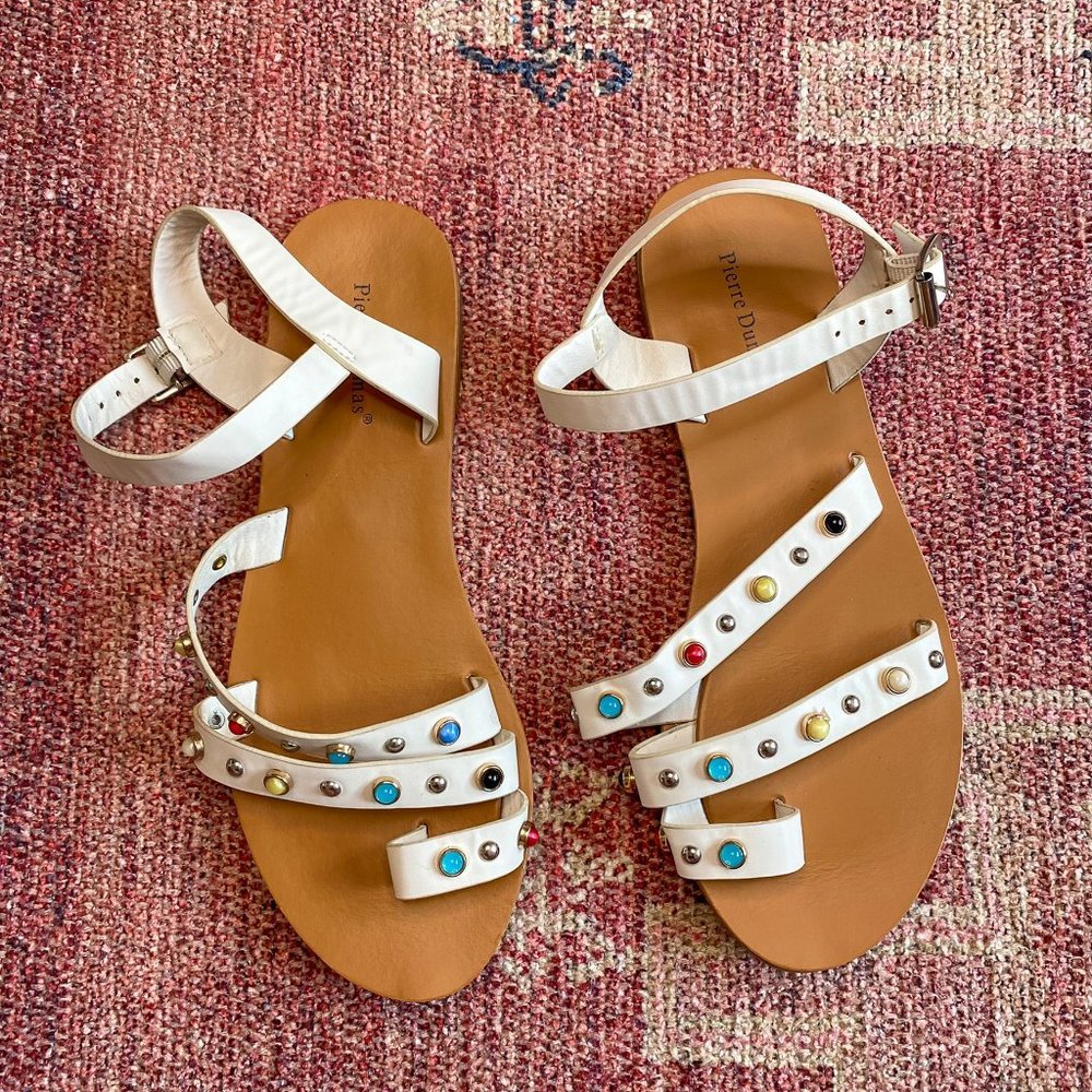 Pierre Dumas White Stone Studded Strappy Sandals